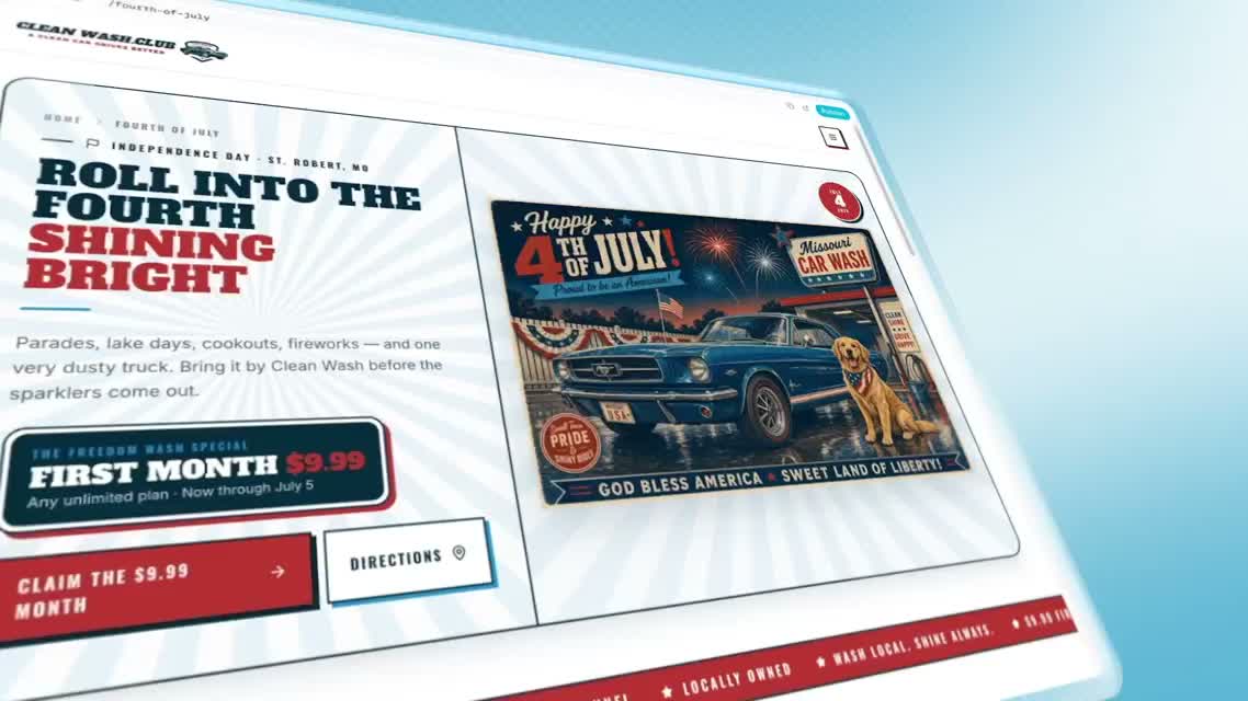 A Fourth of July car wash campaign page built with Shipyard.